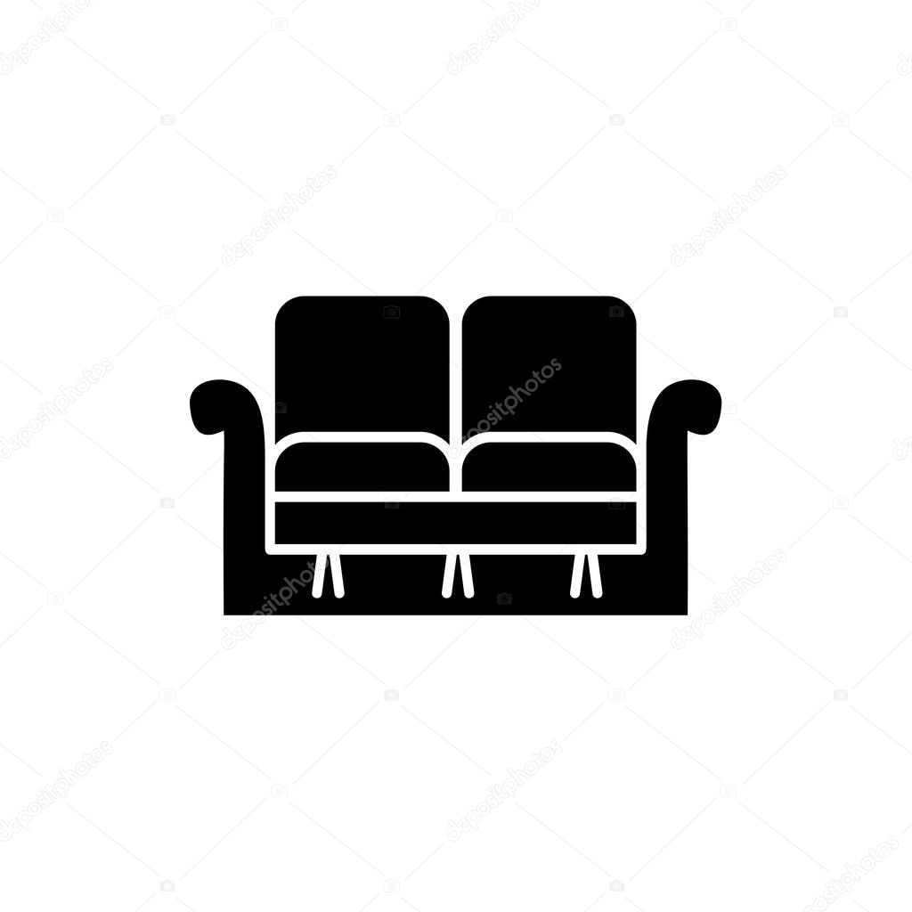 Black & white vector illustration of loveseat. Double sofa. Flat icon of settee. Element of modern home & office furniture. Isolated object on white background