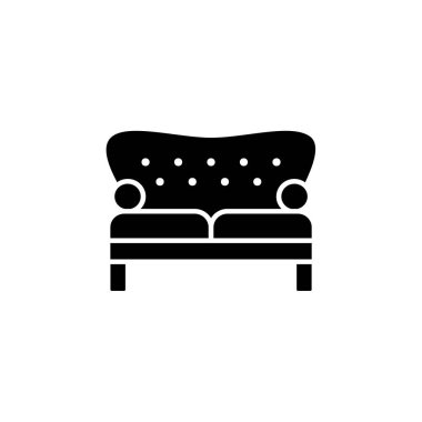 Siyah ve beyaz vektör Illustration vintage loveseat. Çift kişilik kanepe. Kanepe düz simgesi. Retro ev ve ofis mobilyaları. Beyaz arka plan üzerinde izole nesne