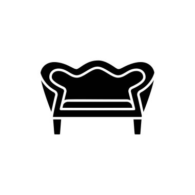 Siyah ve beyaz vektör Illustration vintage loveseat. Çift kişilik kanepe. Kanepe düz simgesi. Retro ev ve ofis mobilyaları. Beyaz arka plan üzerinde izole nesne