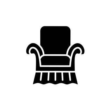 Vintage tarzı koltuk yüksek sırt ile siyah ve beyaz vektör Illustration. Kol sandalye koltuk düz simgesi. Döşeme mobilya. Beyaz arka plan üzerinde izole nesne 