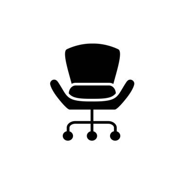 Ofis koltuğu tekerlekli siyah ve beyaz vektör Illustration. Koltuk koltuk düz simgesi. Döşeme mobilya. Beyaz arka plan üzerinde izole nesne 