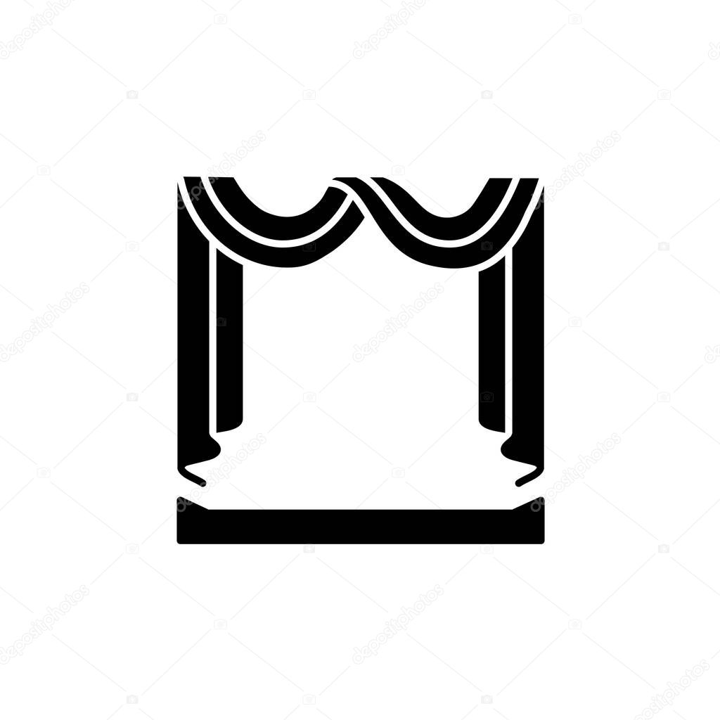 Black & white vector illustration of fabric scarf curtain with drapery. Flat icon of shade with swag and cascade. Window decoration. Isolated object on white background