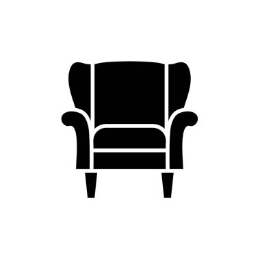 Siyah ve beyaz vektör Illustration yüksek sırt ile klasik koltuk. Kol sandalye koltuk düz simgesi. Oturma odası ve yatak odası için mobilya döşeme. Beyaz arka plan üzerinde izole nesne 