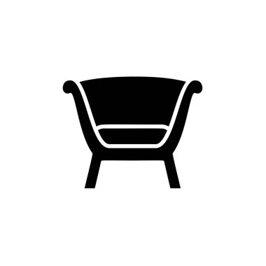 Yüksek sırt ile rahat ahşap tekli siyah ve beyaz vektör Illustration. Retro kol sandalye koltuk düz simgesi. Döşeme mobilya. Beyaz arka plan üzerinde izole nesne 