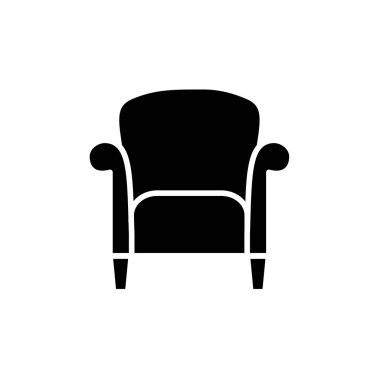 Siyah ve beyaz vektör Illustration retro tarzı koltuk yüksek sırt ile. Vintage kol sandalye koltuk düz simgesi. Döşeme mobilya. Beyaz arka plan üzerinde izole nesne 
