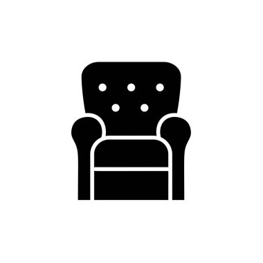 Siyah ve beyaz vektör çizim vintage koltuk yüksek sırt ile tufted. Kol sandalye koltuk düz simgesi. Oturma odası ve yatak odası için mobilya döşeme. Beyaz arka plan üzerinde izole nesne 