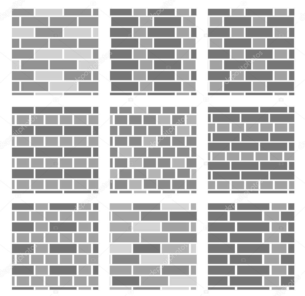 Grey brick wall background. Set of seamless vector patterns. Different types of bricklayers & masonry. Stretcher, running & english bond.