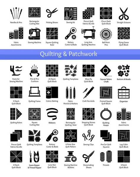 Quilting & patchwork supplies. Tools for sewing quilts from fabr — Stock Vector