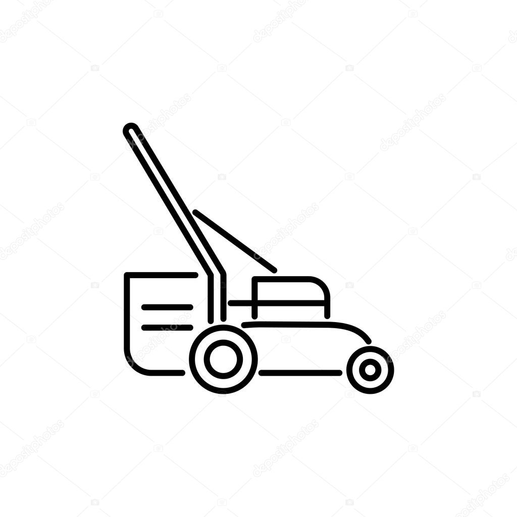 Black & white vector illustration of lawn mower. Line icon of gr