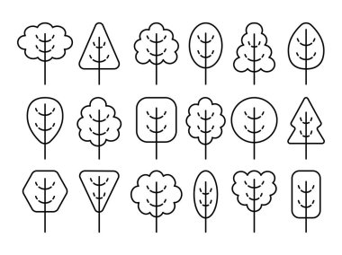 Basit geometrik ağaçlar sembolleri. Satırı simgesi Orman bitkilerin ayarlayın. Doğal park işaretleri. Beyaz arka plan üzerinde izole nesne