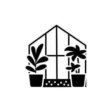 Cam Konservatuarı kaplarda dekoratif ev bitkileri ile siyah ve beyaz vektör Illustration. Saksı houseplants ile kapalı sunroom düz simgesi. Beyaz arka plan üzerinde izole nesne