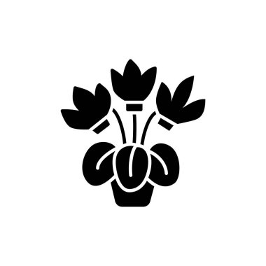 Siyah ve beyaz vektör çizim çiçek ve yaprakları tencerede ile Siklamen. Kap içinde dekoratif ev bitki düz simgesi. Beyaz arka plan üzerinde izole nesne