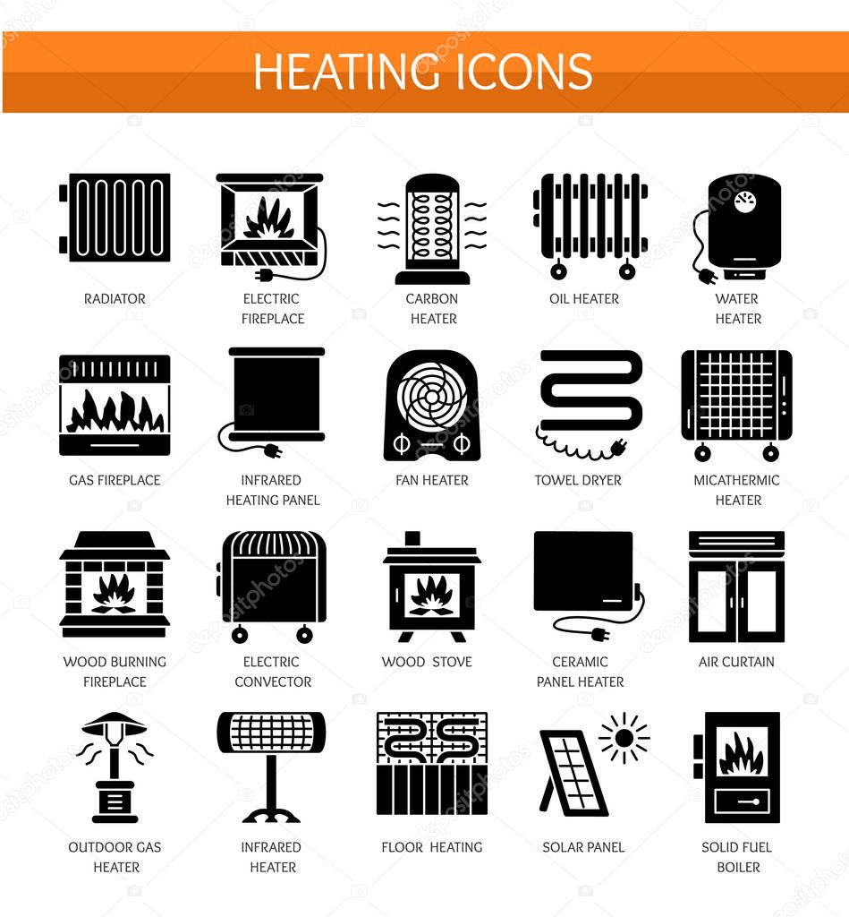 Vector flat icon set with radiator, convector and fireplace. Home heating equipment. Different gas, oil & electric heaters. Solar panel. Wood stove. Isolated objects on white background