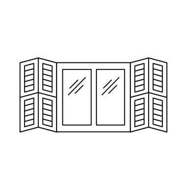 Siyah ve beyaz eski pencere panjur Illustration. Ahşap antika açık jaluzi vektör satırı simgesi. Beyaz arka plan üzerinde izole nesne