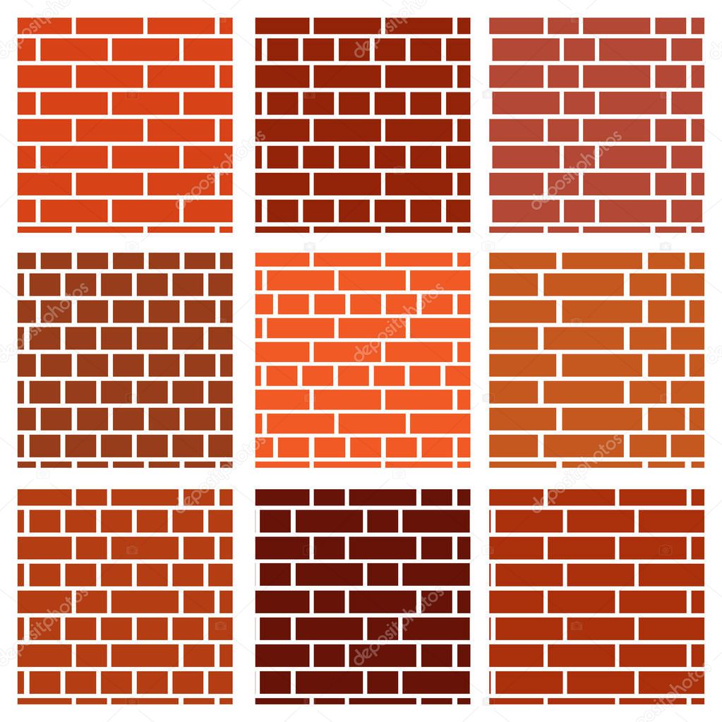 Red brick wall background. Set of seamless vector patterns. Different types of bricklayers & masonry. Stretcher, running & english bond.