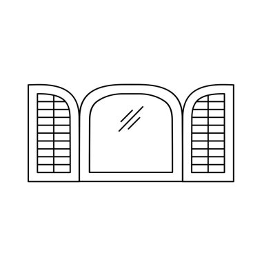 Siyah ve beyaz eski Kepenk plantasyon kemer pencere panjur Illustration. Ahşap antika açık jaluzi vektör satırı simgesi. Beyaz arka plan üzerinde izole nesne