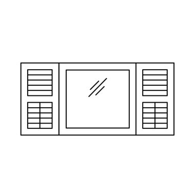 Siyah ve beyaz eski Kepenk plantasyon pencere panjur Illustration. Ahşap antika açık jaluzi vektör satırı simgesi. Beyaz arka plan üzerinde izole nesne