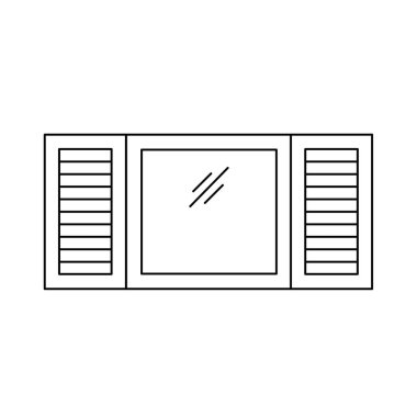 Siyah ve beyaz eski Kepenk plantasyon pencere panjur Illustration. Ahşap antika açık jaluzi vektör satırı simgesi. Beyaz arka plan üzerinde izole nesne