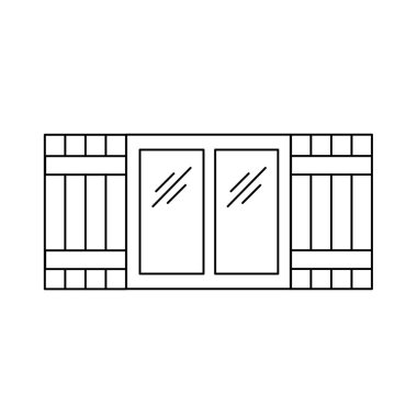 Siyah ve beyaz eski pencere panjur Illustration. Ahşap antika açık jaluzi vektör satırı simgesi. Beyaz arka plan üzerinde izole nesne