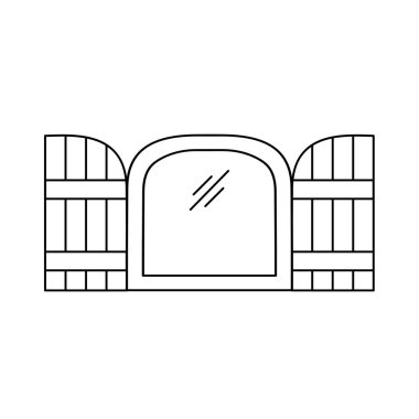 Siyah ve beyaz eski kemer pencere panjur Illustration. Ahşap antika açık jaluzi vektör satırı simgesi. Beyaz arka plan üzerinde izole nesne