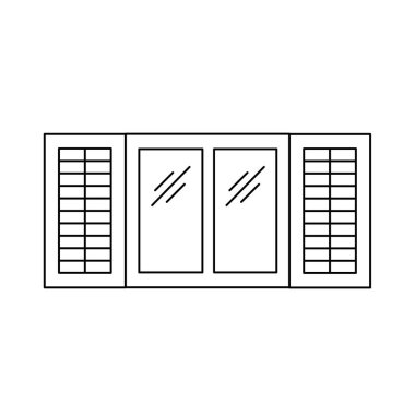 Siyah ve beyaz eski pencere panjur Illustration. Ahşap antika açık jaluzi vektör satırı simgesi. Beyaz arka plan üzerinde izole nesne