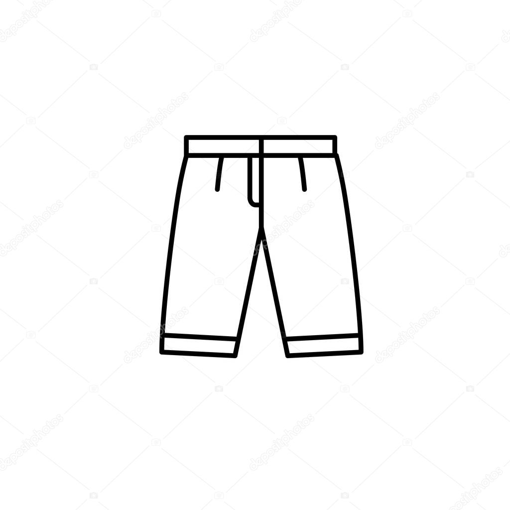 Black & white illustration of bermuda shorts. Summer pants. Vector line icon. Isolated object on white background