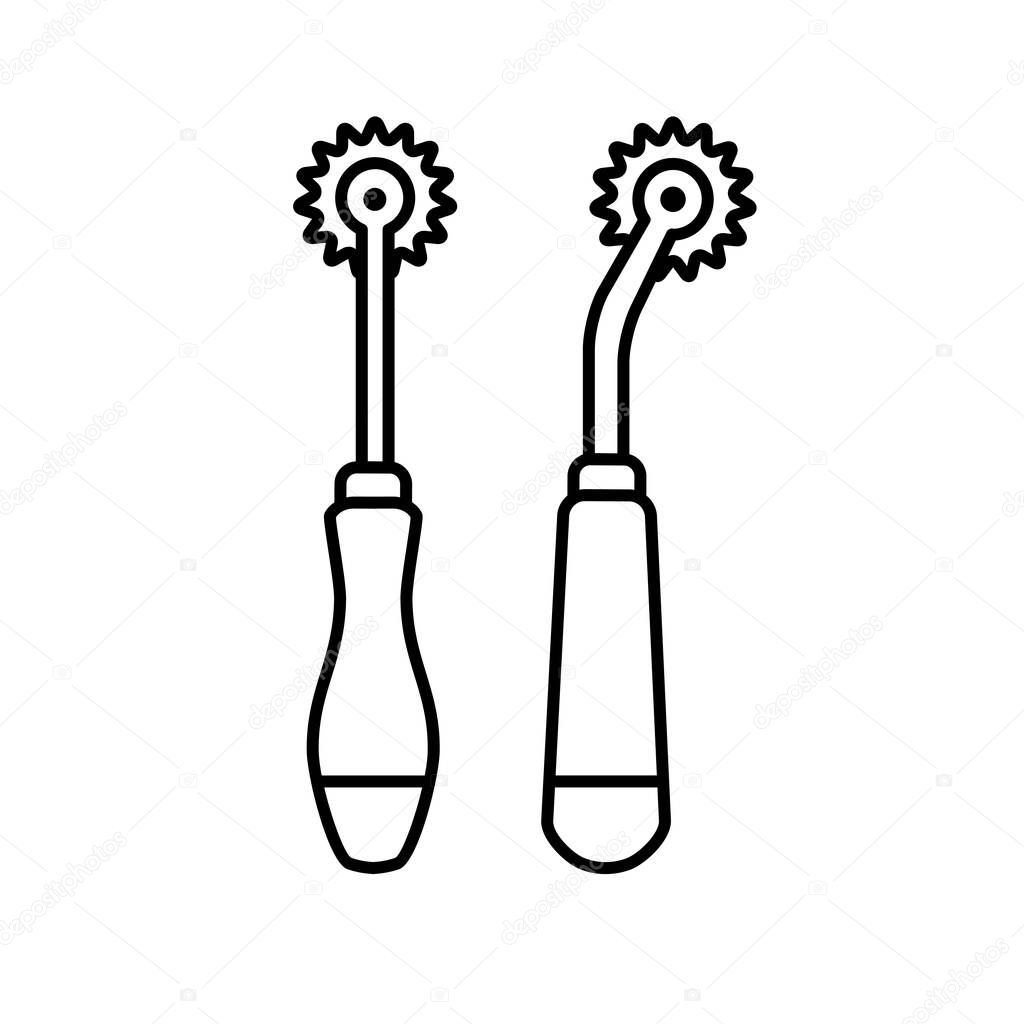Black & white illustration of sewing pattern tracer . Vector line icon of tracing wheel. Isolated object on white background
