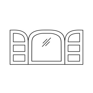 Siyah ve beyaz eski kemer pencere panjur Illustration. Ahşap antika açık jaluzi vektör satırı simgesi. Beyaz arka plan üzerinde izole nesne