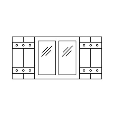 Siyah ve beyaz eski pencere panjur Illustration. Ahşap antika açık jaluzi vektör satırı simgesi. Beyaz arka plan üzerinde izole nesne