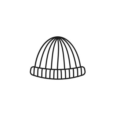 Siyah ve beyaz örme sıcak şapka Illustration. Vektör satırı simgesi kış el yapımı elbise. Beyaz arka plan üzerinde izole nesne