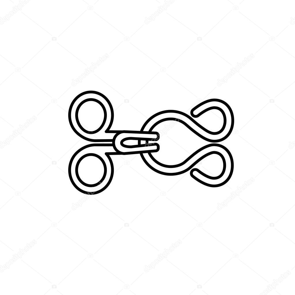 Black & white illustration of hook and eye closure. Bra fastener. Vector line icon. Isolated object on white background