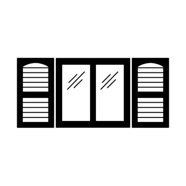 Siyah ve beyaz eski pencere panjur Illustration. Vektör ahşap antika açık jaluzi düz simgesi. Beyaz arka plan üzerinde izole nesne