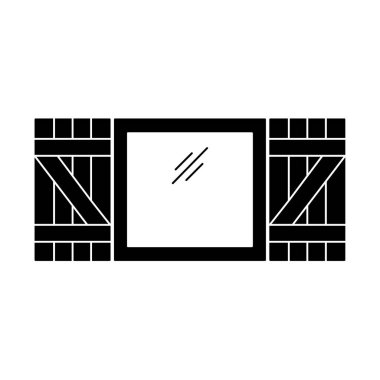 Siyah ve beyaz eski pencere panjur Illustration. Vektör ahşap antika açık jaluzi düz simgesi. Beyaz arka plan üzerinde izole nesne