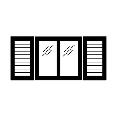 Siyah ve beyaz eski pencere panjur Illustration. Vektör ahşap antika açık jaluzi düz simgesi. Beyaz arka plan üzerinde izole nesne