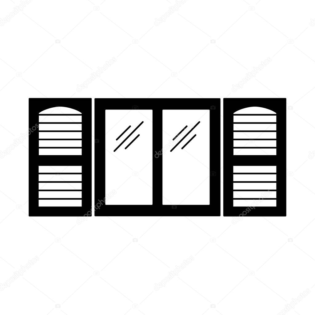 Black & white illustration of old window shutter. Vector flat icon of wooden vintage outdoor jalousie. Isolated object on white background