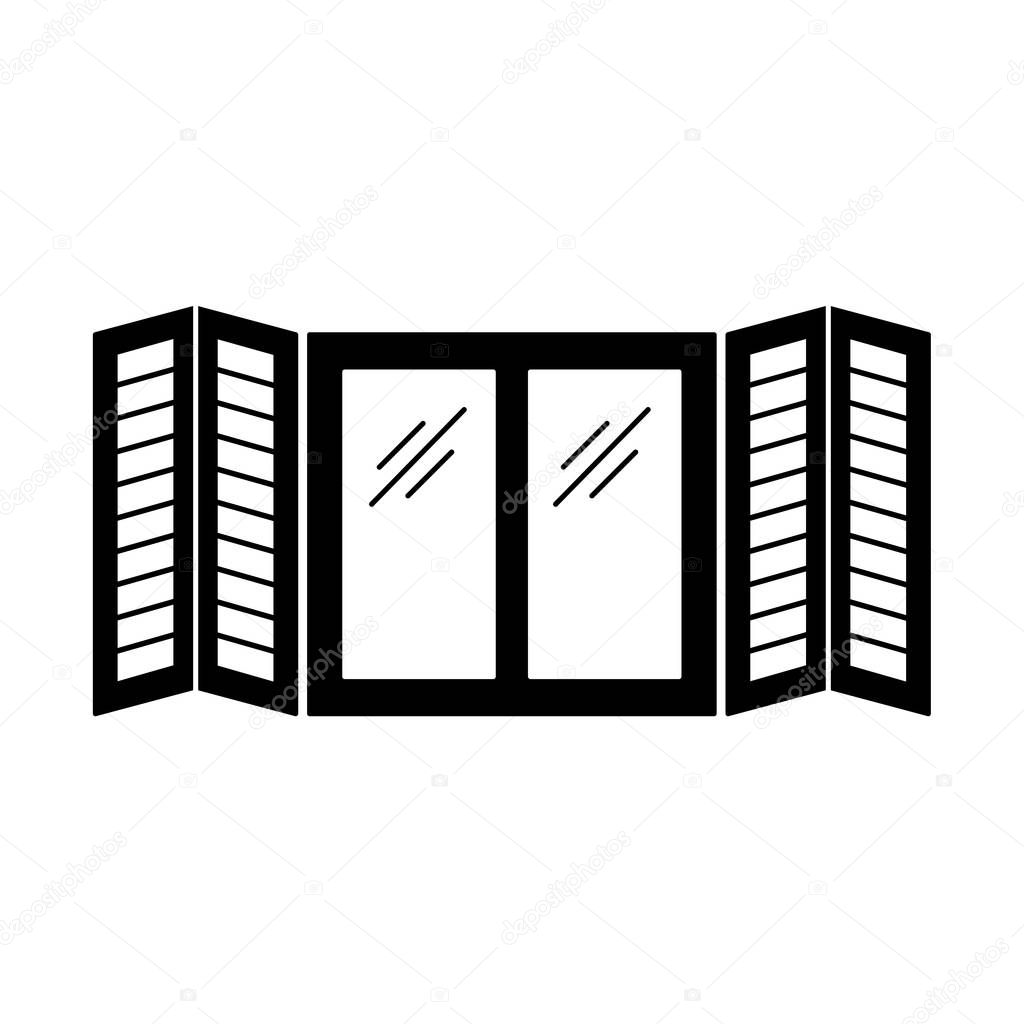 Black & white illustration of old window tier on tier shutter. Vector flat icon of wooden vintage outdoor jalousie. Isolated object on white background