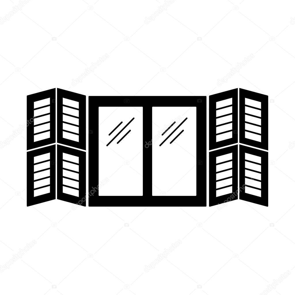 Black & white illustration of old window tier on tier shutter. Vector flat icon of wooden vintage outdoor jalousie. Isolated object on white background