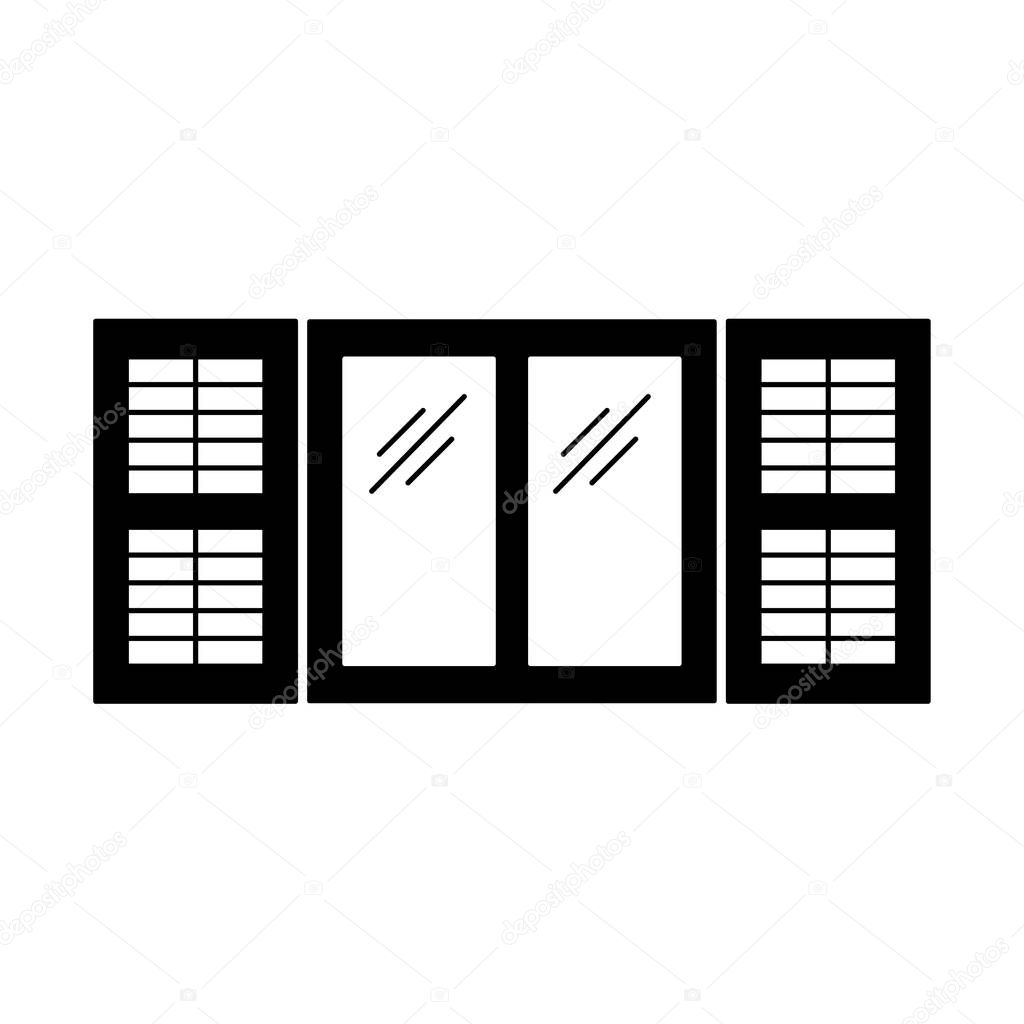Black & white illustration of old window plantation shutter. Vector flat icon of wooden vintage outdoor jalousie. Isolated object on white background