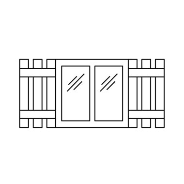 Siyah ve beyaz eski pencere panjur Illustration. Ahşap antika açık jaluzi vektör satırı simgesi. Beyaz arka plan üzerinde izole nesne