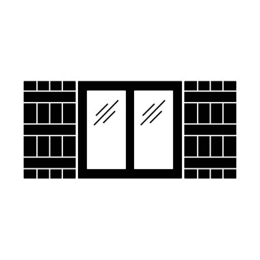 Siyah ve beyaz eski pencere panjur Illustration. Vektör ahşap antika açık jaluzi düz simgesi. Beyaz arka plan üzerinde izole nesne