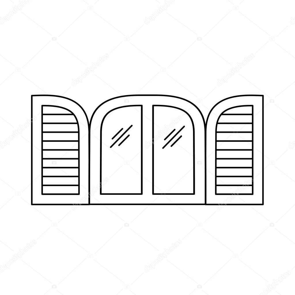 Black & white illustration of old louver arch window shutter. Vector line icon of wooden vintage outdoor jalousie. Isolated object on white background