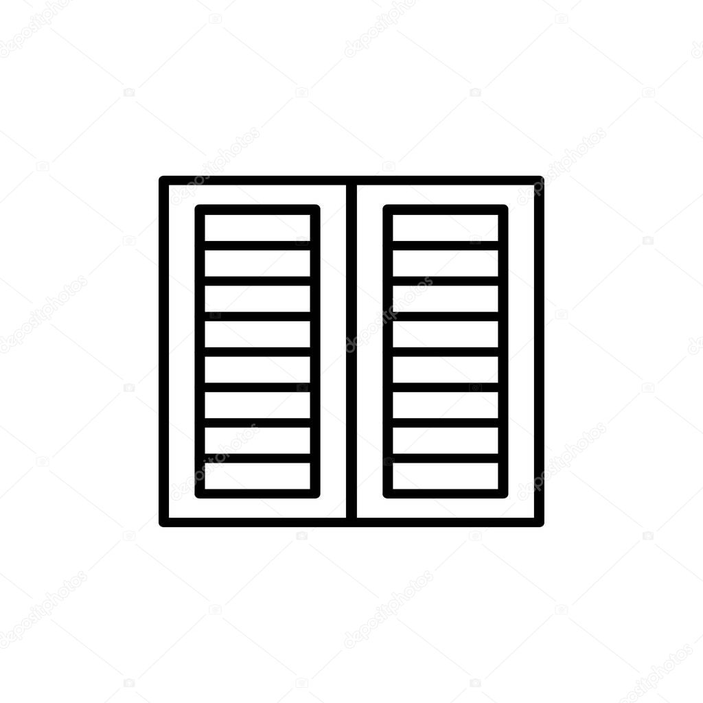 Black & white illustration of old louver window shutter. Vector line icon of wooden vintage outdoor jalousie. Isolated object on white background