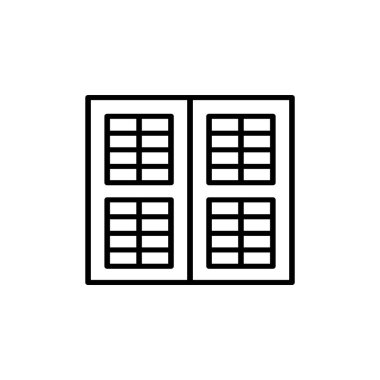 Siyah ve beyaz eski Kepenk pencere panjur Illustration. Ahşap antika açık jaluzi vektör satırı simgesi. Beyaz arka plan üzerinde izole nesne