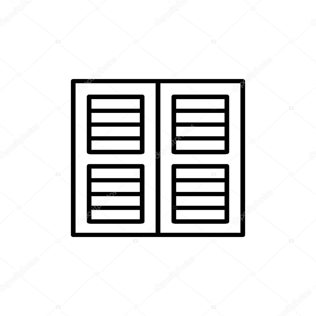 Black & white illustration of old louver plantation window shutter. Vector line icon of wooden vintage outdoor jalousie. Isolated object on white background