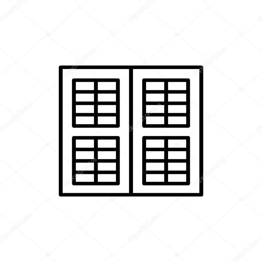 Black & white illustration of old louver window shutter. Vector line icon of wooden vintage outdoor jalousie. Isolated object on white background