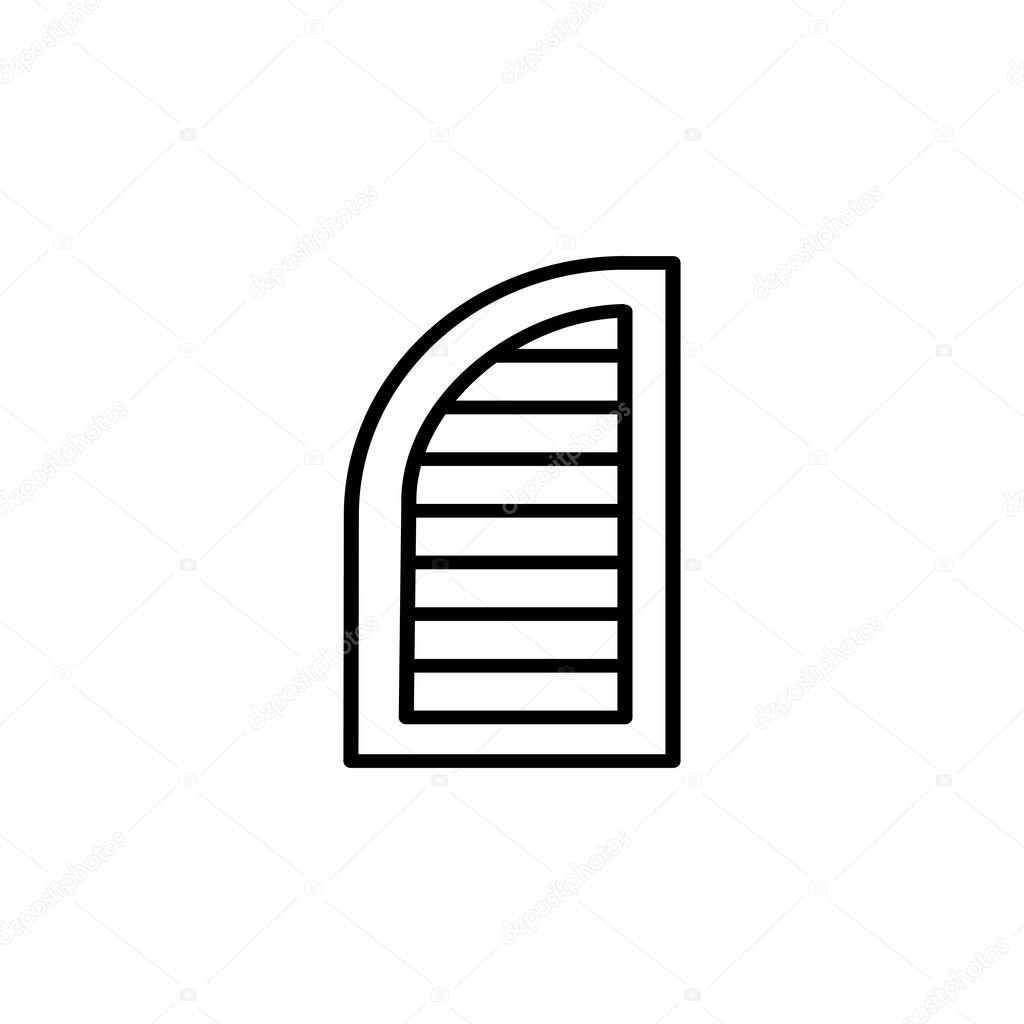 Black & white illustration of old louver arch window shutter. Vector line icon of wooden vintage outdoor jalousie. Isolated object on white background