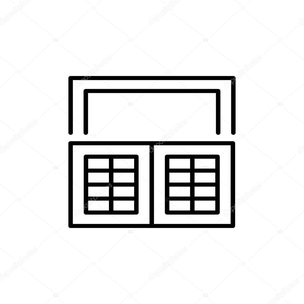 Black & white illustration of old louver cafe style window shutter. Vector line icon of wooden vintage outdoor jalousie. Isolated object on white background
