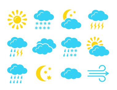Hava tahmini simgesi toplama. Güneşli, rai için düz Icon set