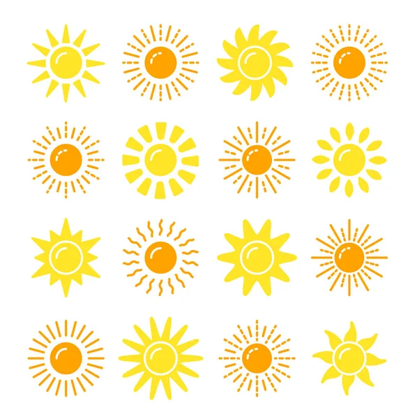 Coleção de símbolos solares. Conjunto de ícones vetoriais planos. Sinais de luz solar. Wea... —  Vetores de Stock