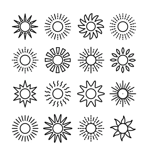 Zon symbool collectie. Lijn vector icon set. Zonlicht tekenen. Wea — Stockvector